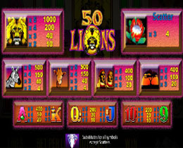 50 Lions Slot Paytable Screenshot